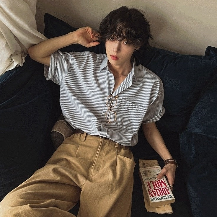 Vintage Striped Short Sleeve Casual Shirt