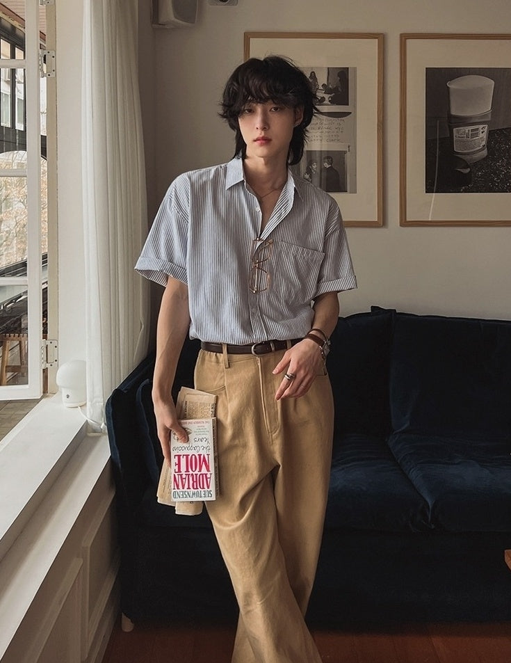 Vintage Striped Short Sleeve Casual Shirt