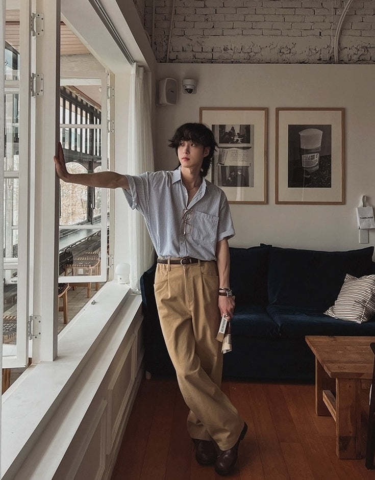 Vintage Striped Short Sleeve Casual Shirt