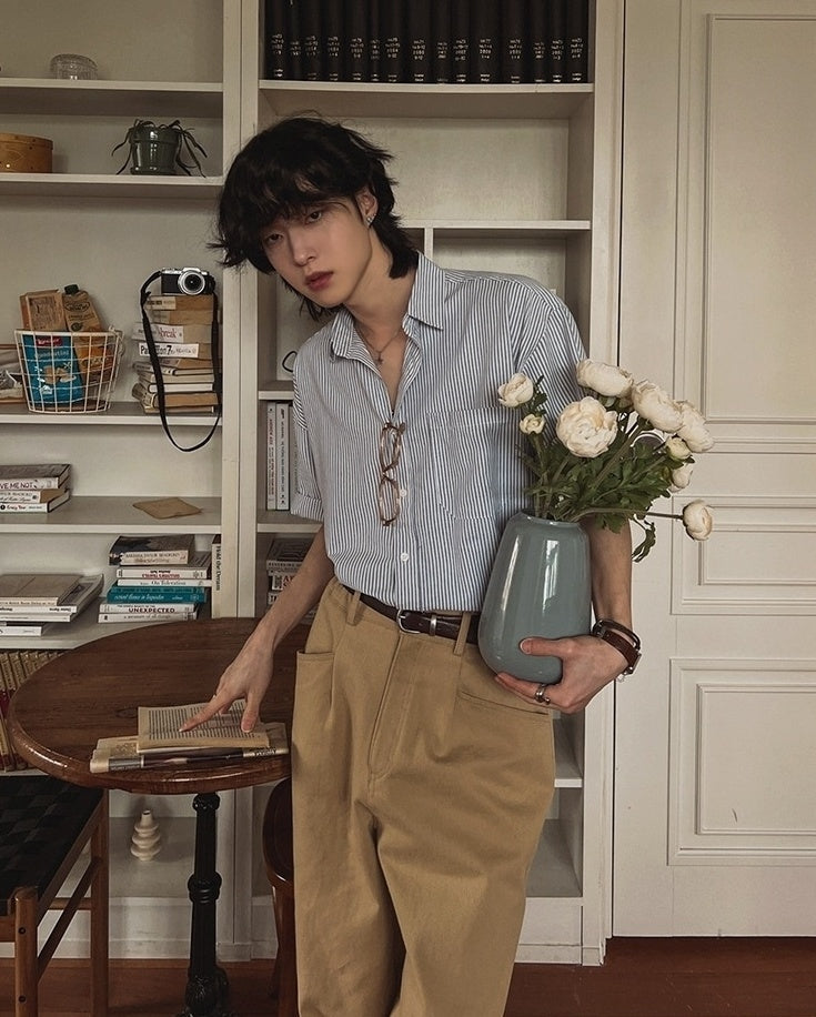 Vintage Striped Short Sleeve Casual Shirt
