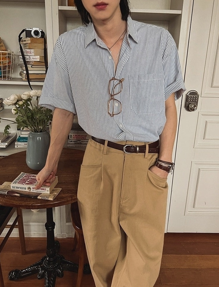 Vintage Striped Short Sleeve Casual Shirt