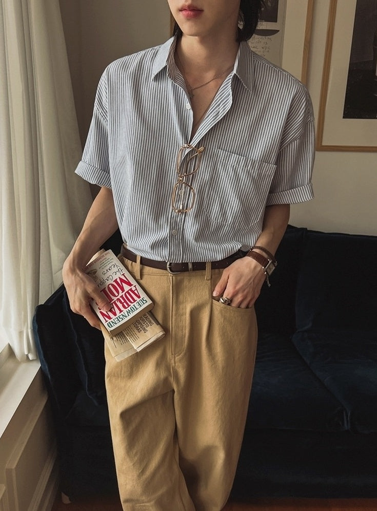 Vintage Striped Short Sleeve Casual Shirt