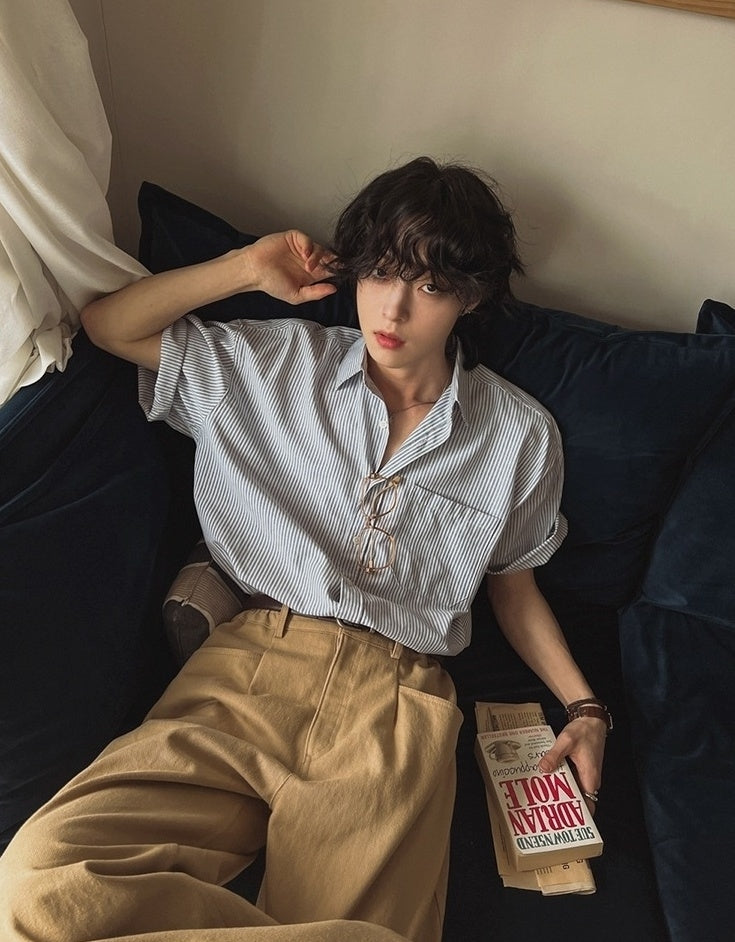 Vintage Striped Short Sleeve Casual Shirt