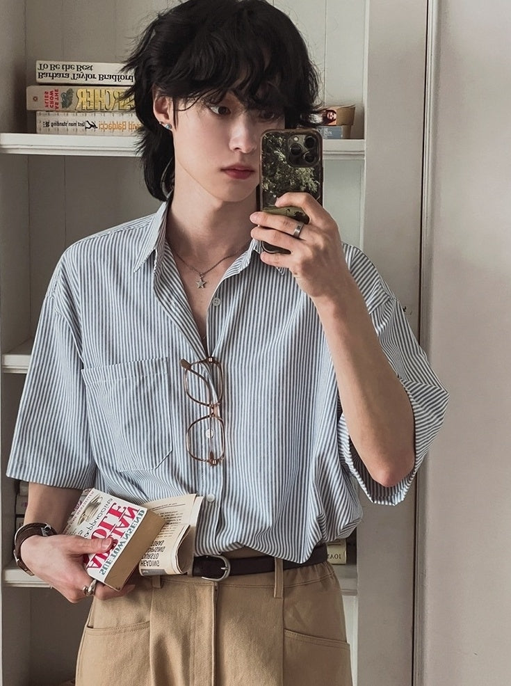 Vintage Striped Short Sleeve Casual Shirt