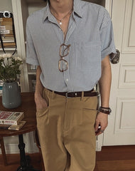Vintage Striped Short Sleeve Casual Shirt