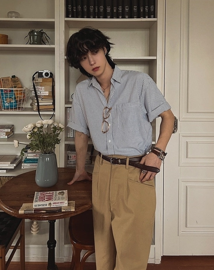 Vintage Striped Short Sleeve Casual Shirt