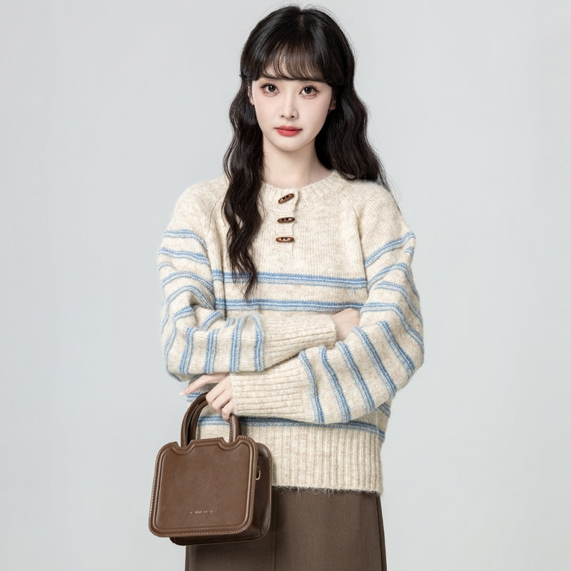 Vintage Striped Toggle Sweater Knitted Pullover