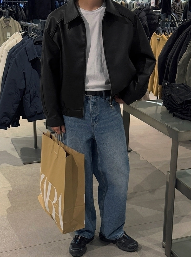 Vintage Lapel Cropped Leather Jacket Casual Loose Fit