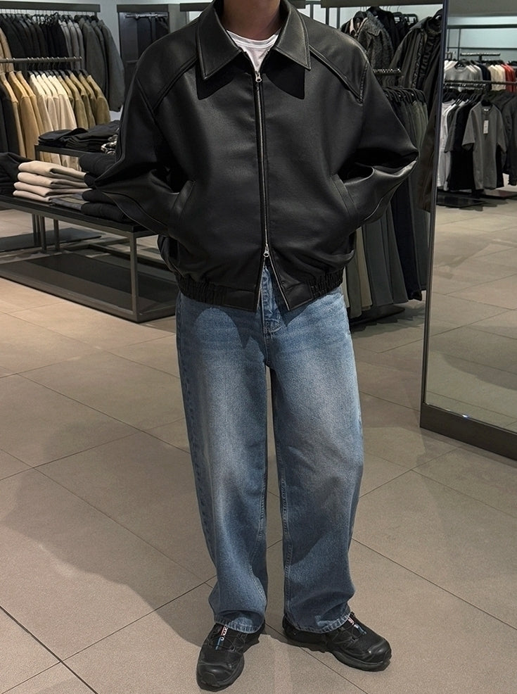 Vintage Lapel Cropped Leather Jacket Casual Loose Fit