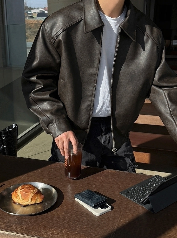 Vintage Lapel Cropped Leather Jacket Casual Loose Fit