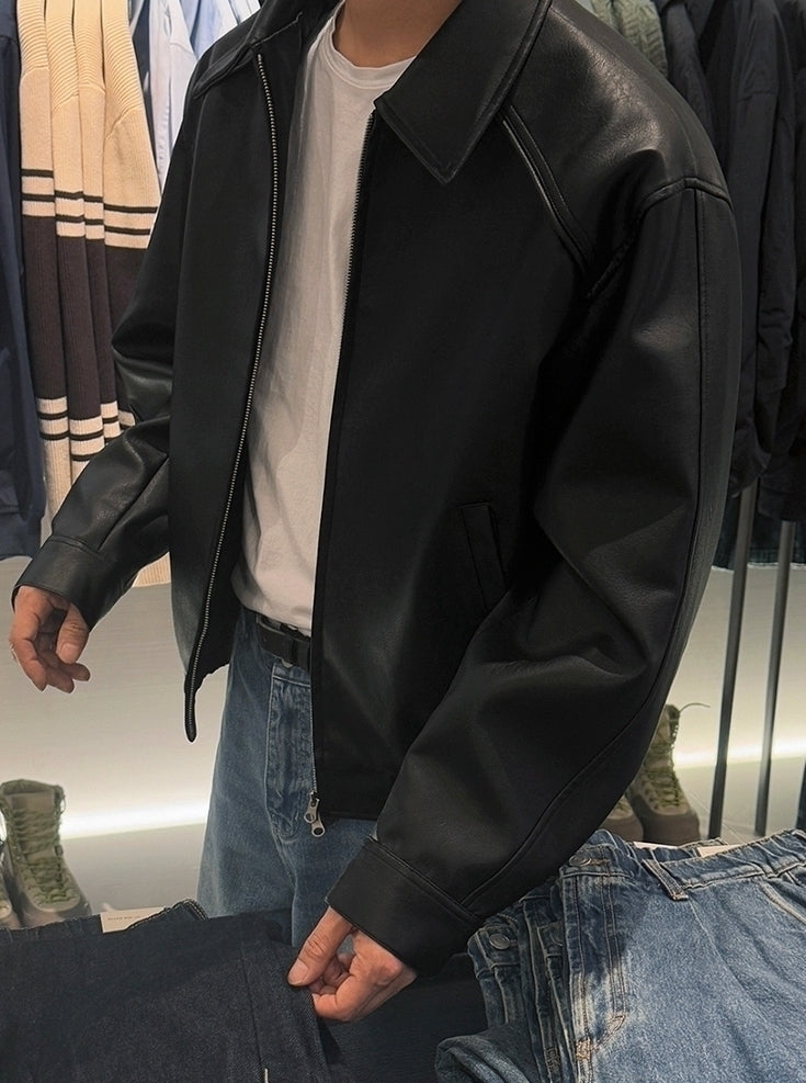 Vintage Lapel Cropped Leather Jacket Casual Loose Fit