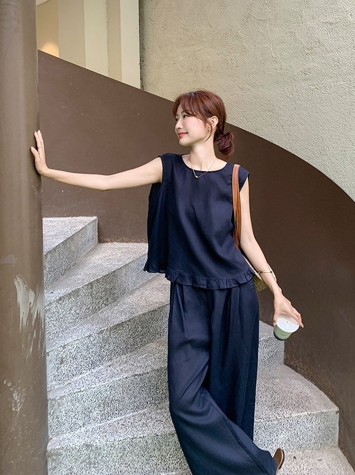 Vintage Style Fashion Two Piece Vest And Wide Leg Pants