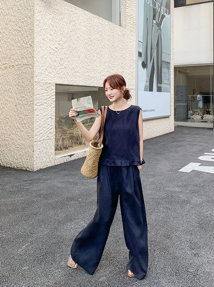 Vintage Style Fashion Two Piece Vest And Wide Leg Pants