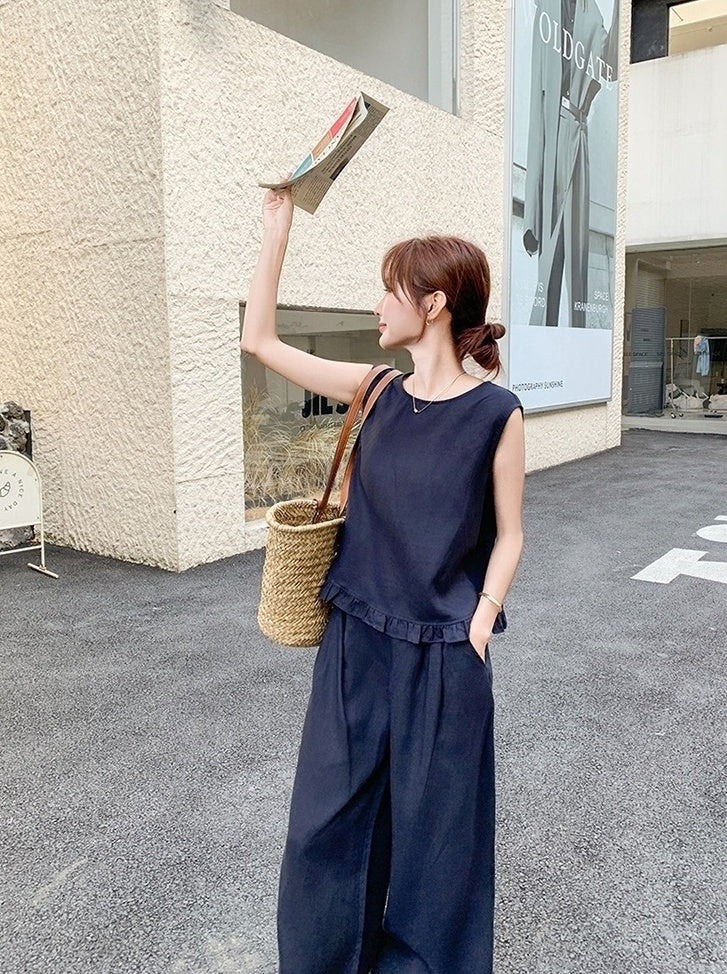 Vintage Style Fashion Two Piece Vest And Wide Leg Pants