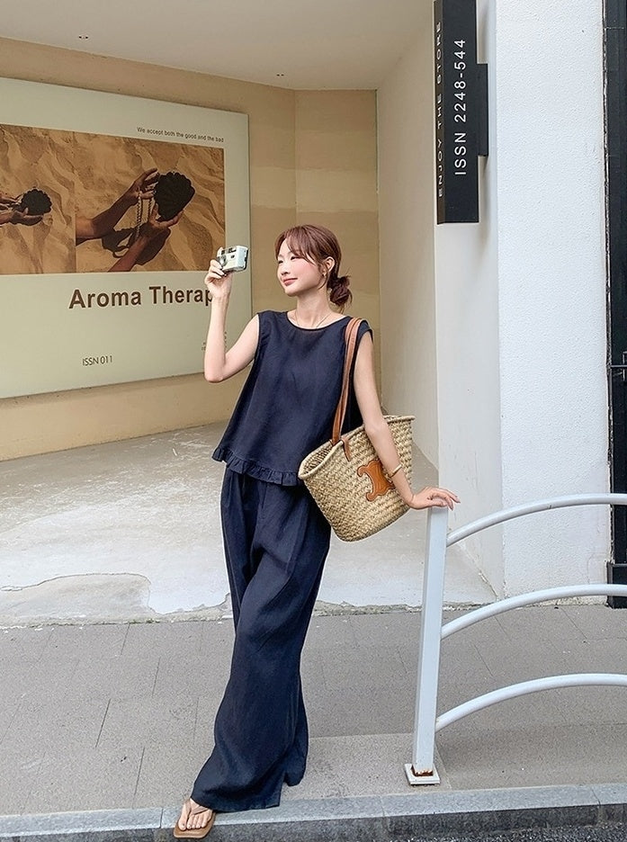 Vintage Style Fashion Two Piece Vest And Wide Leg Pants