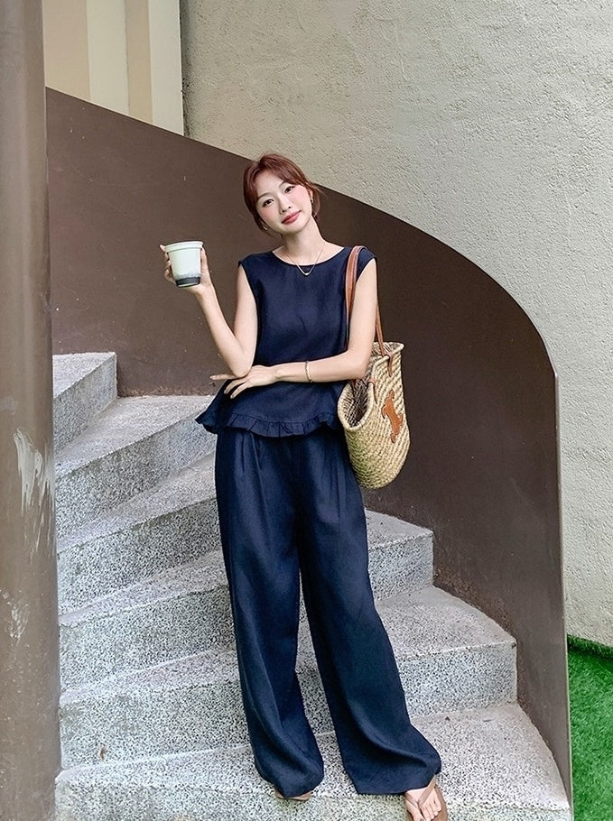 Vintage Style Fashion Two Piece Vest And Wide Leg Pants