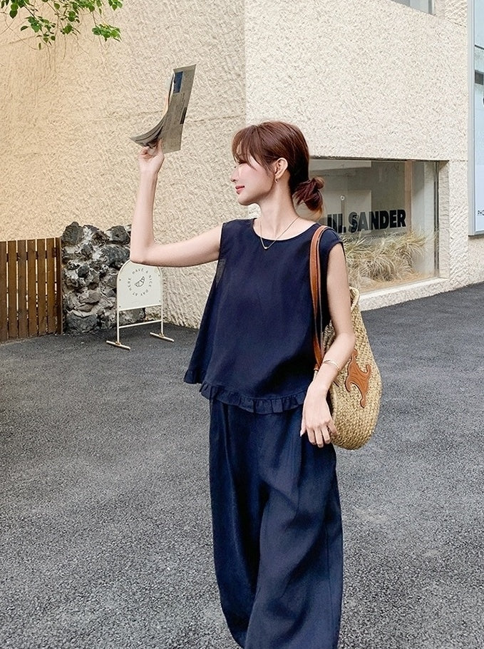 Vintage Style Fashion Two Piece Vest And Wide Leg Pants