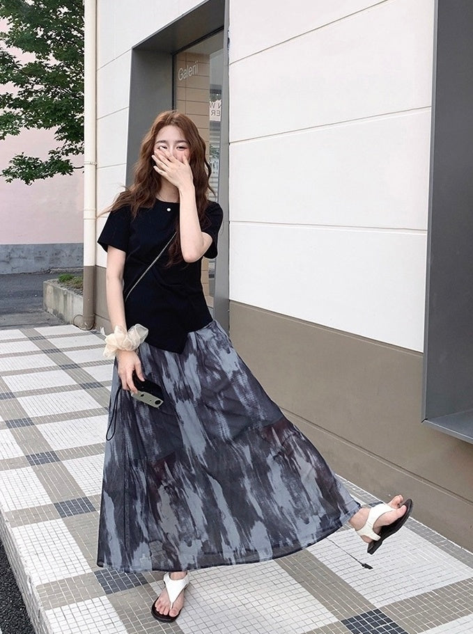 Vintage Tie Dye Skirt And Irregular T Shirt Set