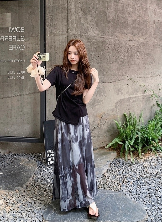 Vintage Tie Dye Skirt And Irregular T Shirt Set