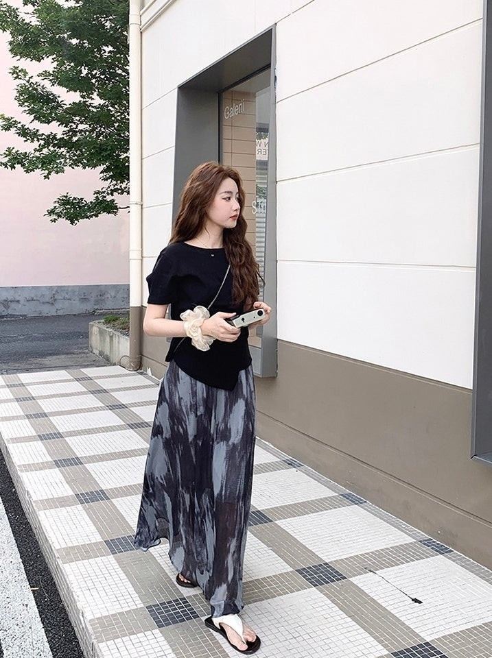 Vintage Tie Dye Skirt And Irregular T Shirt Set