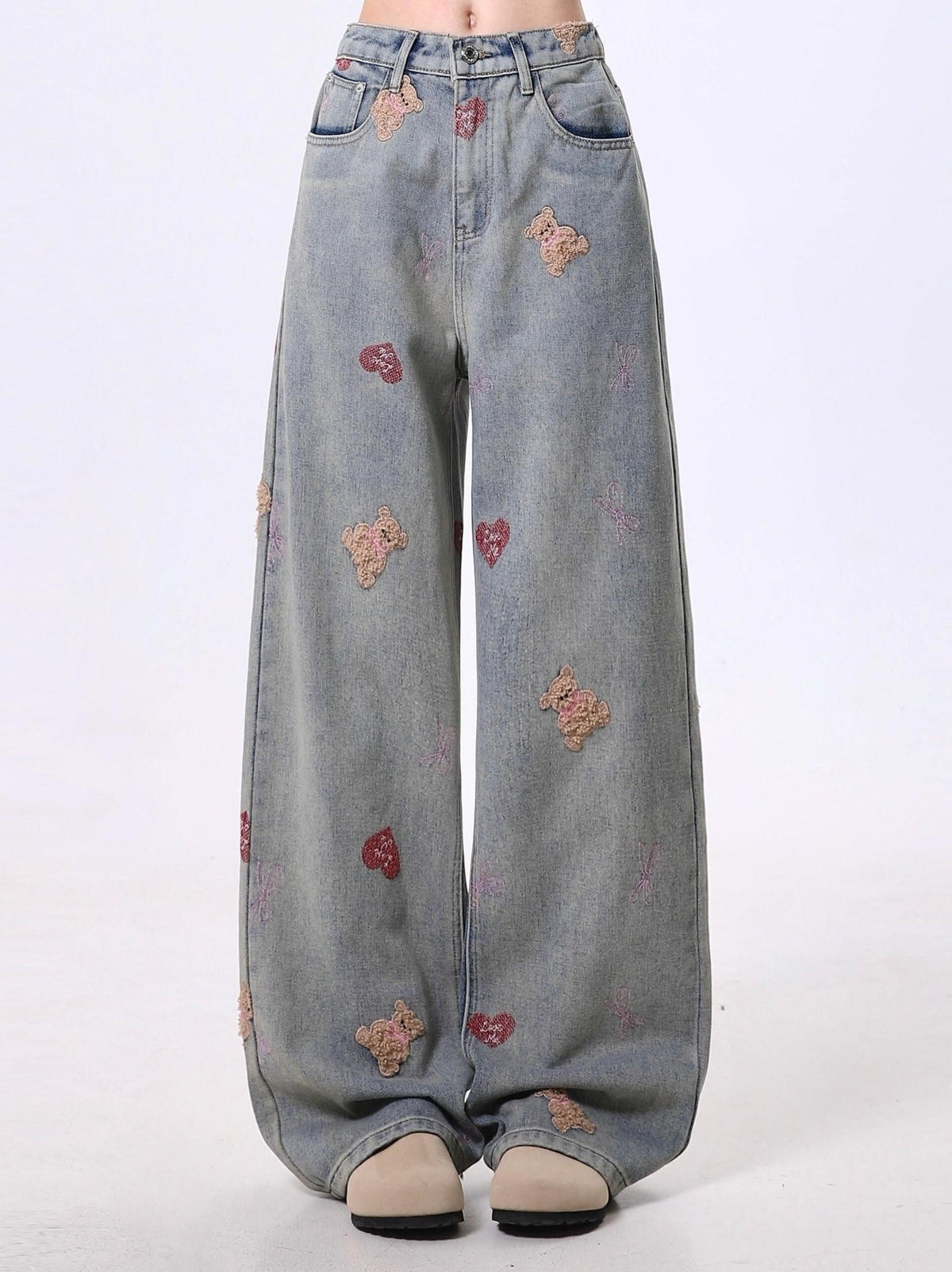 Vintage Washed Bear Embroidered Straight Leg Jeans