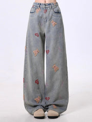 Vintage Washed Bear Embroidered Straight Leg Jeans