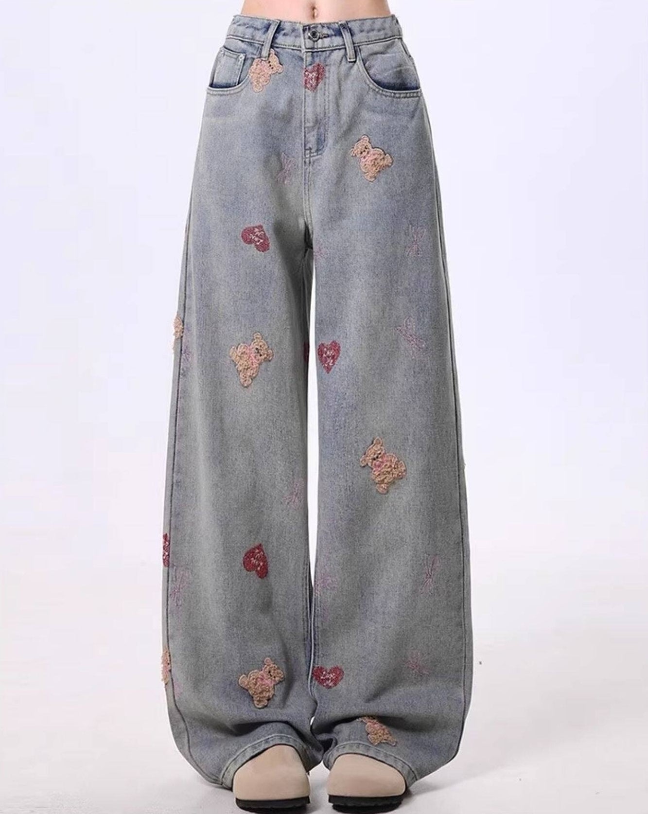 Vintage Washed Bear Embroidered Straight Leg Jeans
