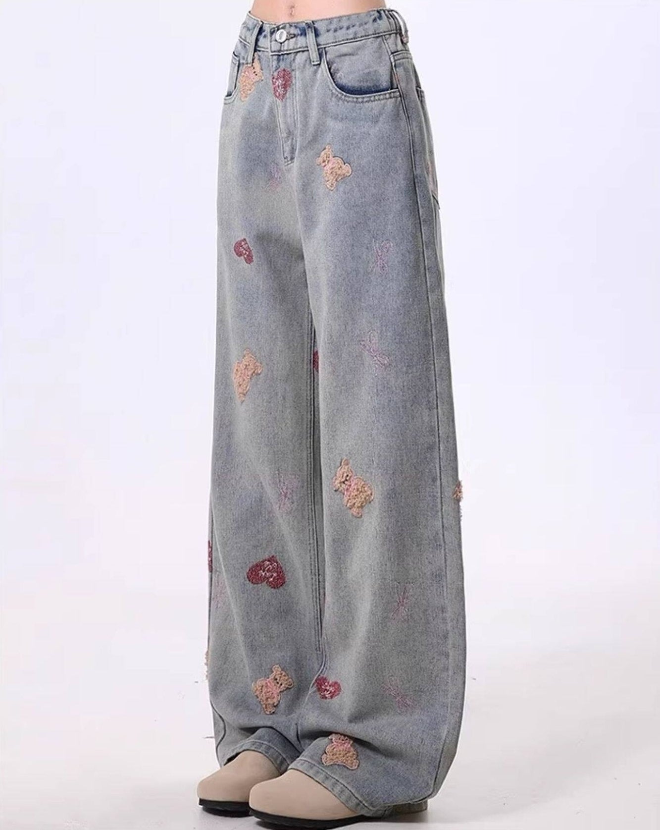 Vintage Washed Bear Embroidered Straight Leg Jeans