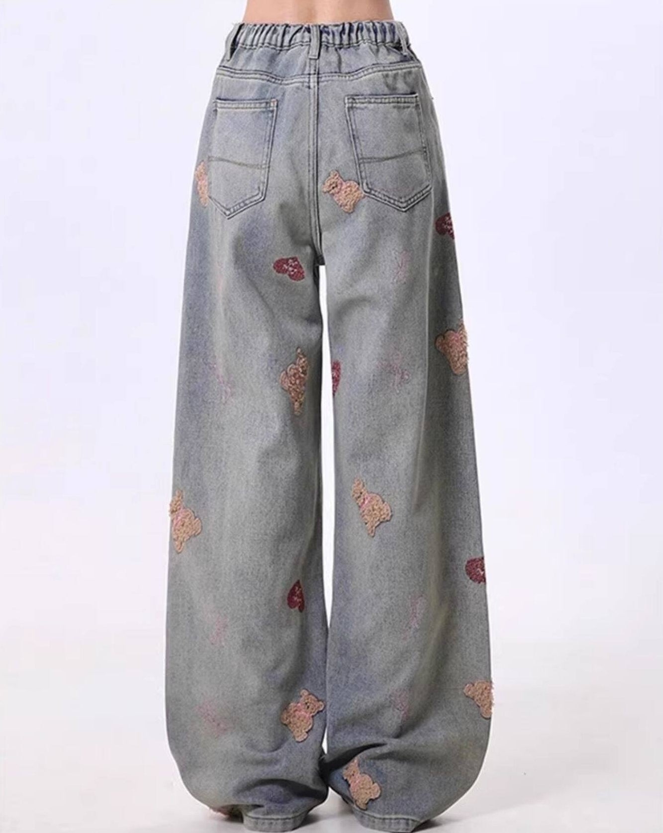 Vintage Washed Bear Embroidered Straight Leg Jeans
