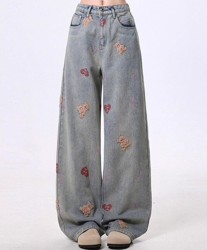 Vintage Washed Bear Embroidered Straight Leg Jeans