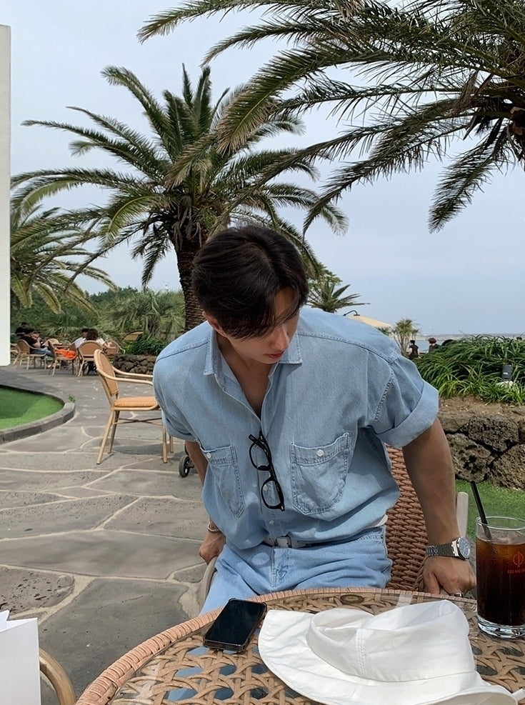 Vintage Washed Denim Casual Short Sleeve Shirt
