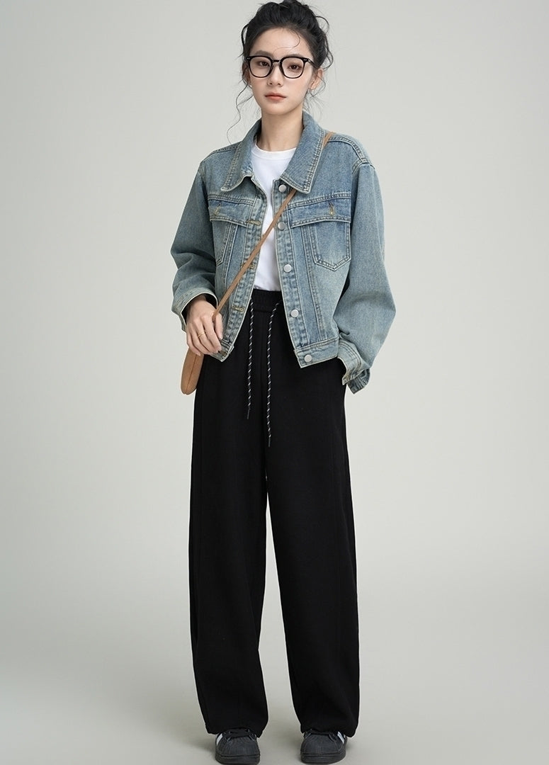 Vintage Washed Denim Jacket With Polo Collar