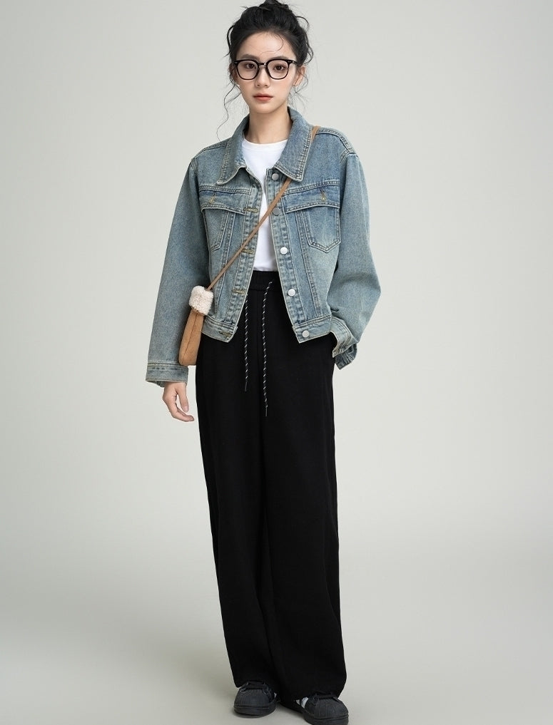 Vintage Washed Denim Jacket With Polo Collar