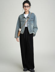 Vintage Washed Denim Jacket With Polo Collar