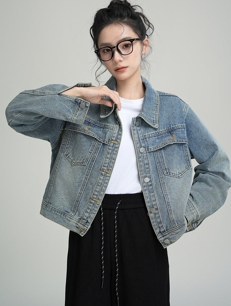 Vintage Washed Denim Jacket With Polo Collar