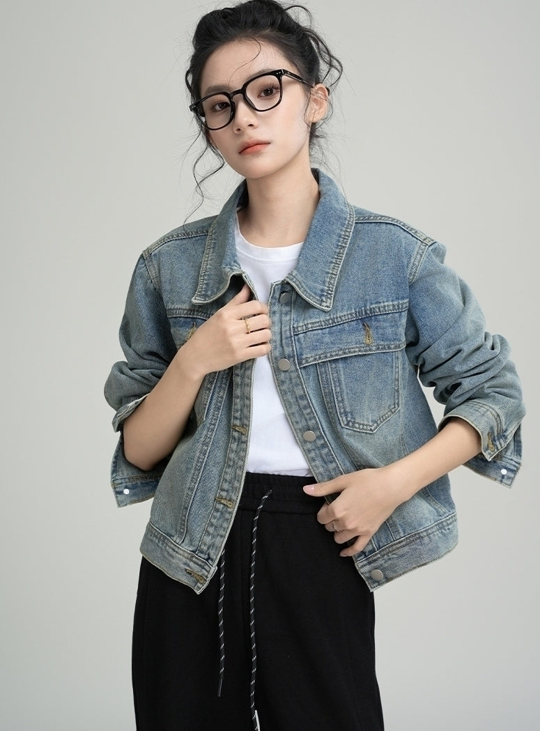 Vintage Washed Denim Jacket With Polo Collar