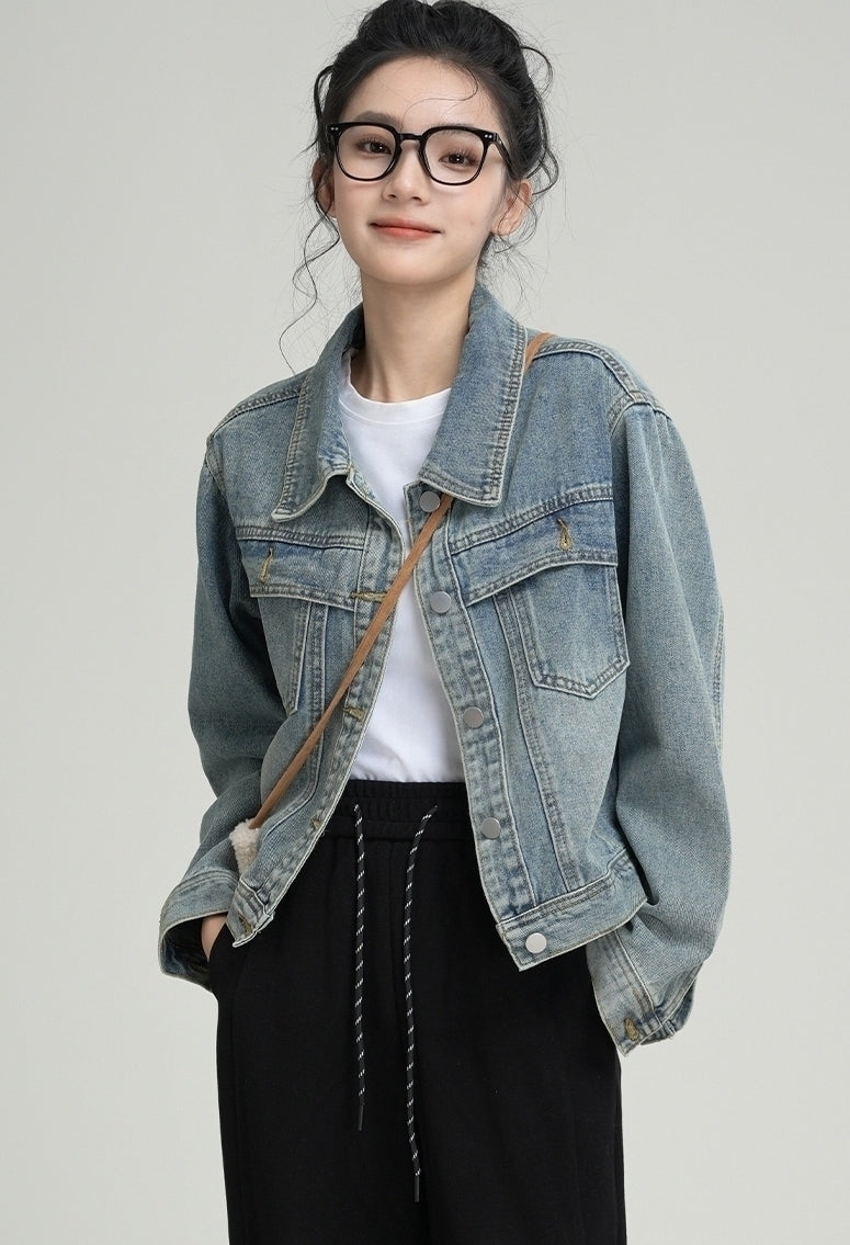 Vintage Washed Denim Jacket With Polo Collar