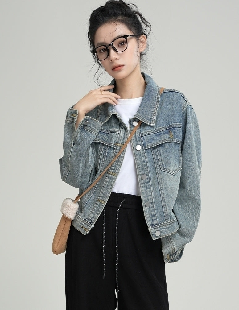 Vintage Washed Denim Jacket With Polo Collar
