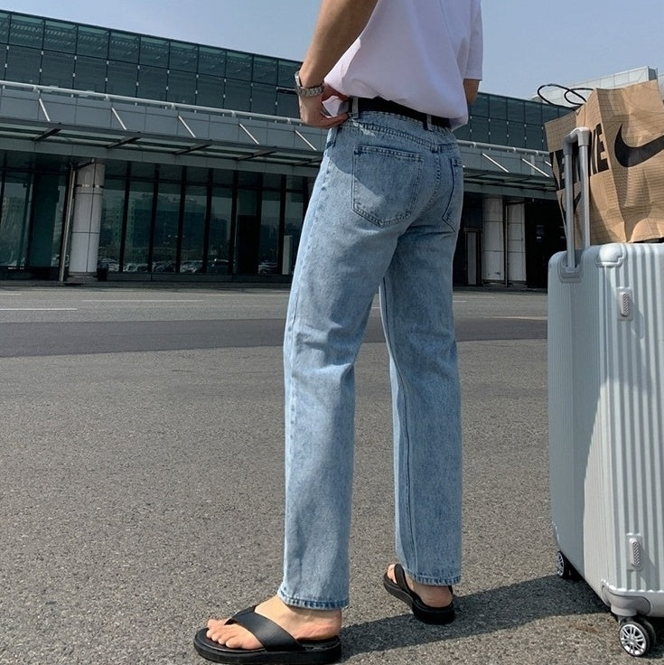 Vintage Washed Denim Relaxed Straight Casual Trousers