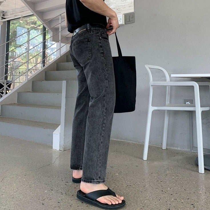 Vintage Washed Denim Relaxed Straight Casual Trousers