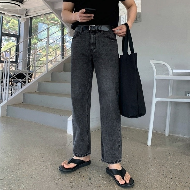 Vintage Washed Denim Relaxed Straight Casual Trousers