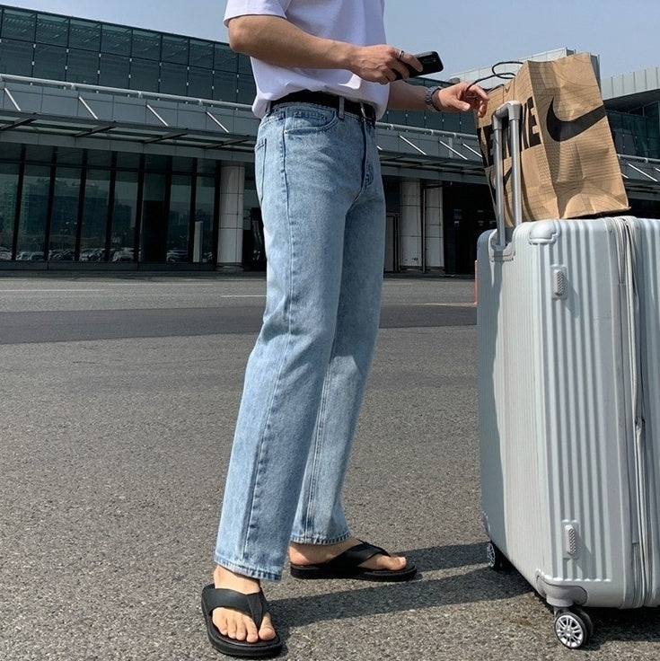 Vintage Washed Denim Relaxed Straight Casual Trousers