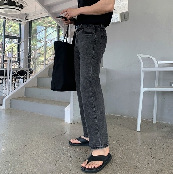 Vintage Washed Denim Relaxed Straight Casual Trousers