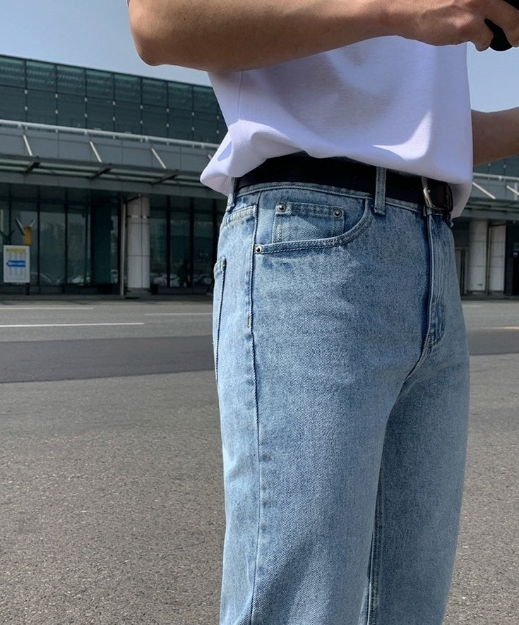 Vintage Washed Denim Relaxed Straight Casual Trousers