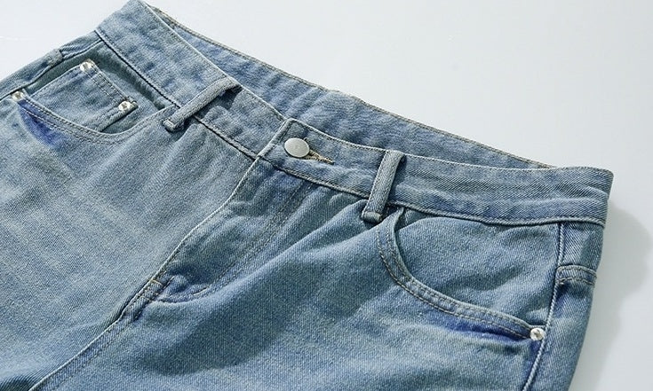 Vintage Washed Denim Relaxed Straight Casual Trousers