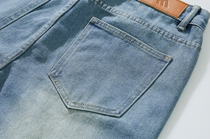 Vintage Washed Denim Relaxed Straight Casual Trousers