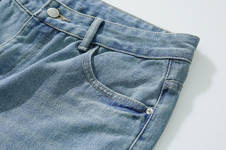 Vintage Washed Denim Relaxed Straight Casual Trousers