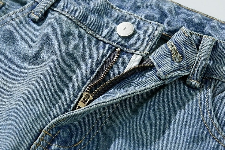Vintage Washed Denim Relaxed Straight Casual Trousers