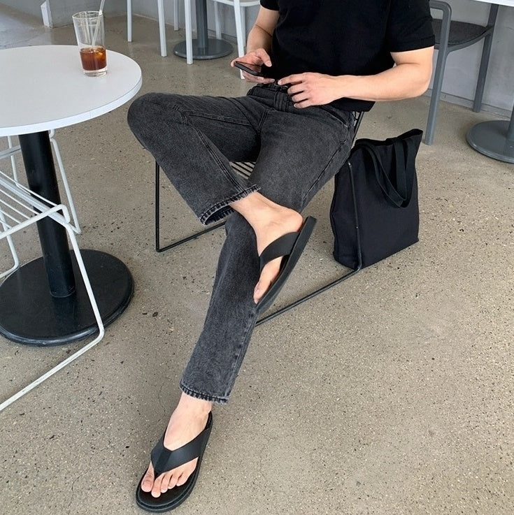 Vintage Washed Denim Relaxed Straight Casual Trousers