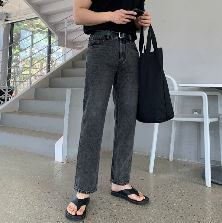 Vintage Washed Denim Relaxed Straight Casual Trousers